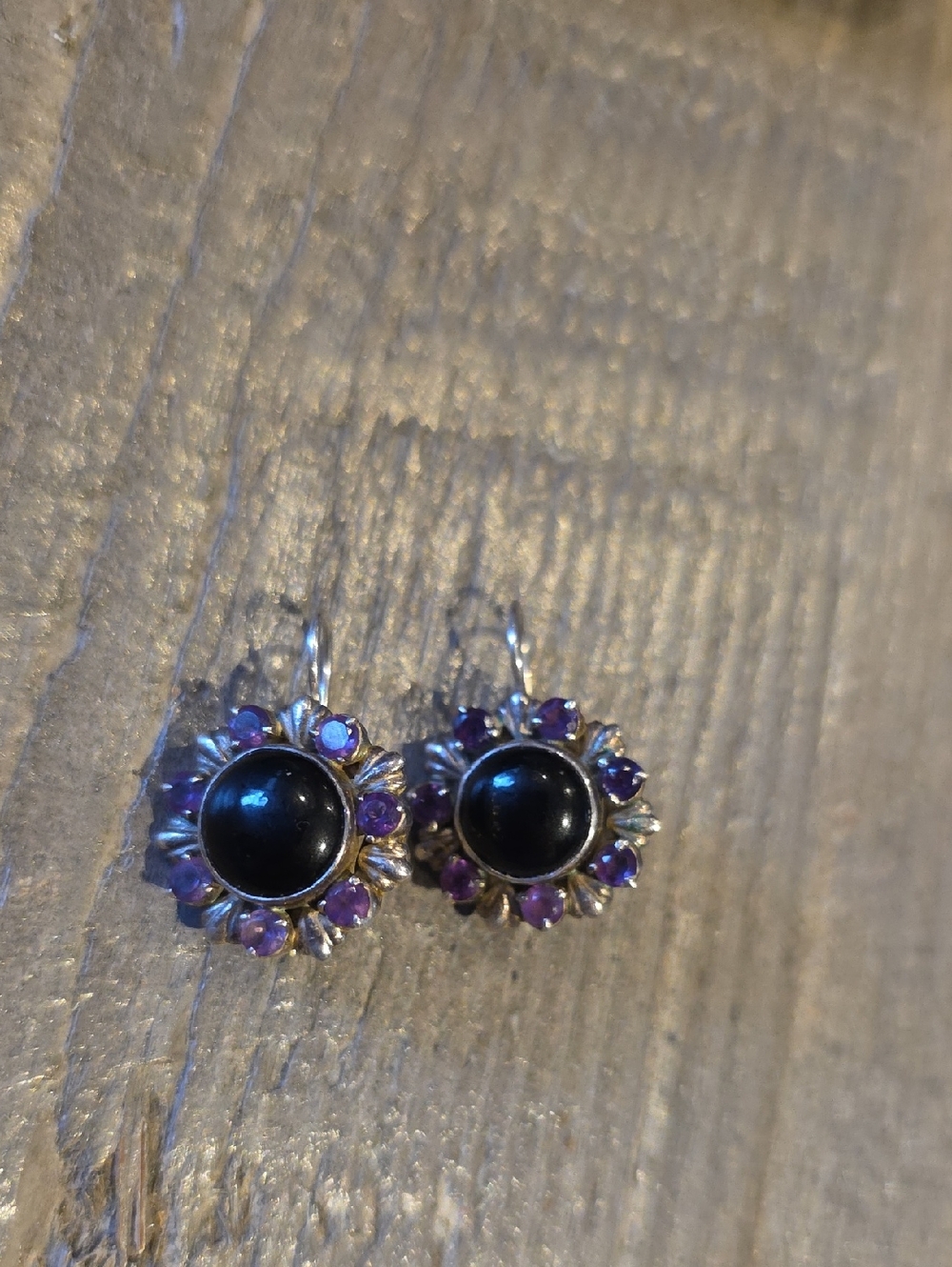 Vintage-Style Black Onyx and Purple Gemstone Floral Drop Earrings